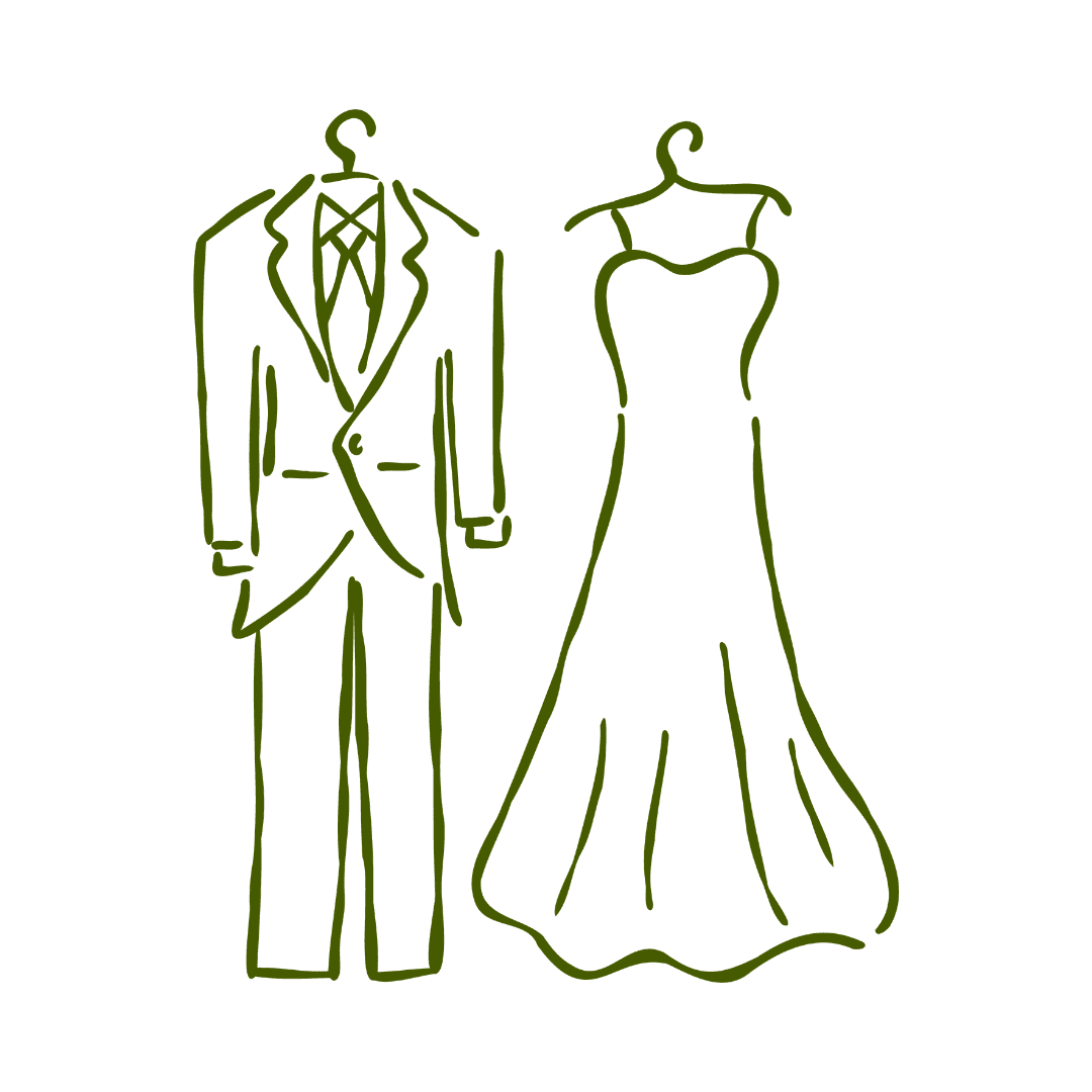 Line illustration of a suit and formal dress on hangers